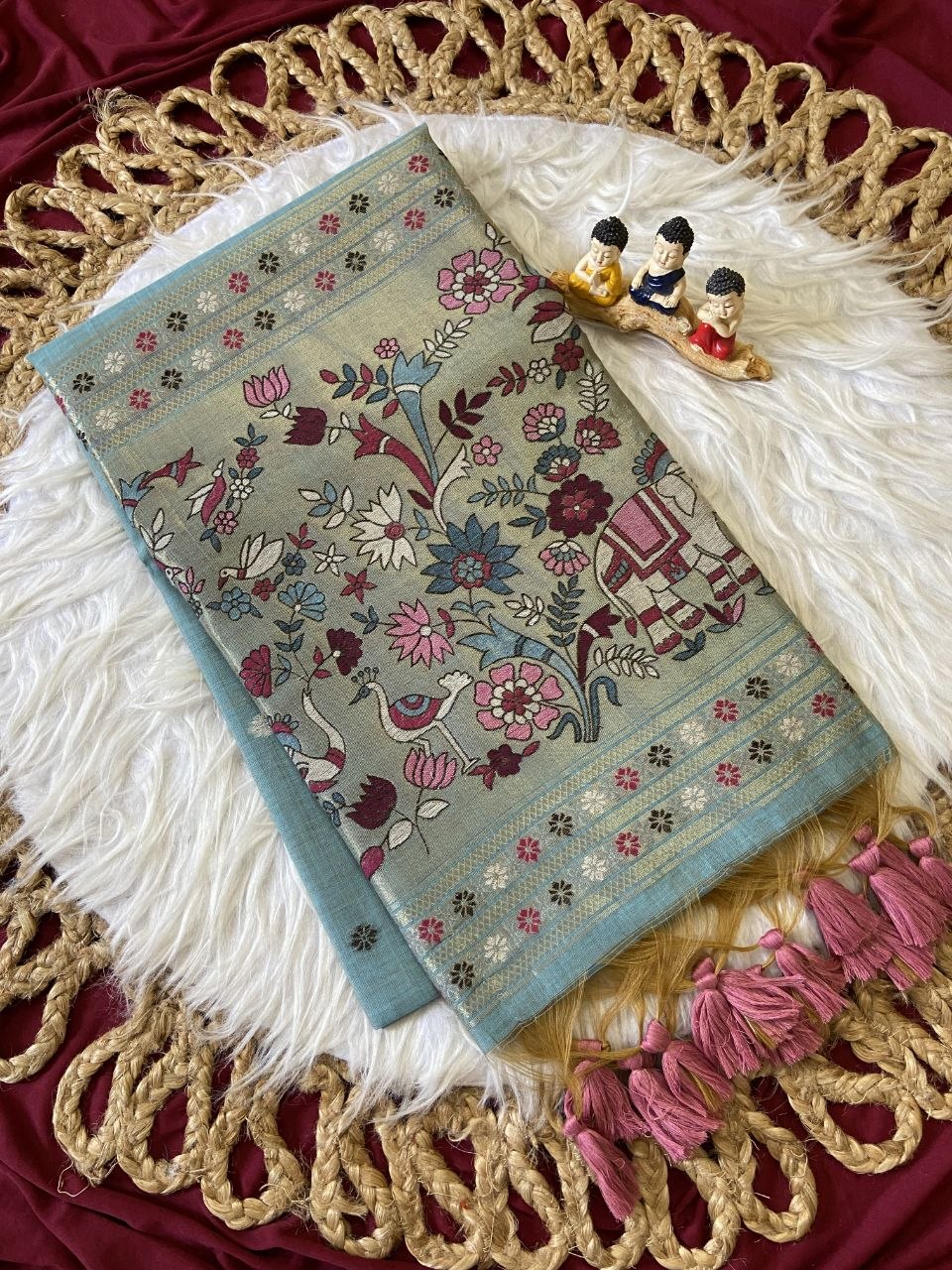 Sky Blue Muga Cotton Paithani Elephant Pallu Saree
