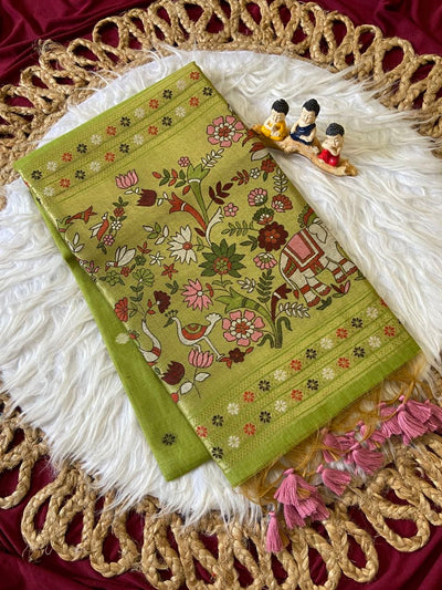 Parrot Green Muga Cotton Paithani Elephant Pallu Saree