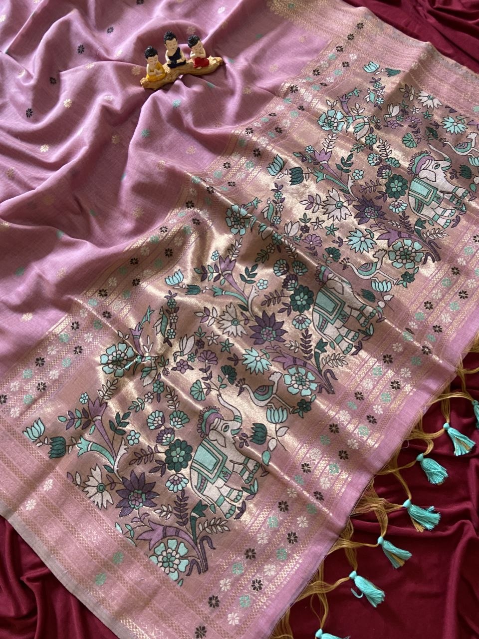Lilac Pink Muga Cotton Paithani Elephant Pallu Saree, view 2