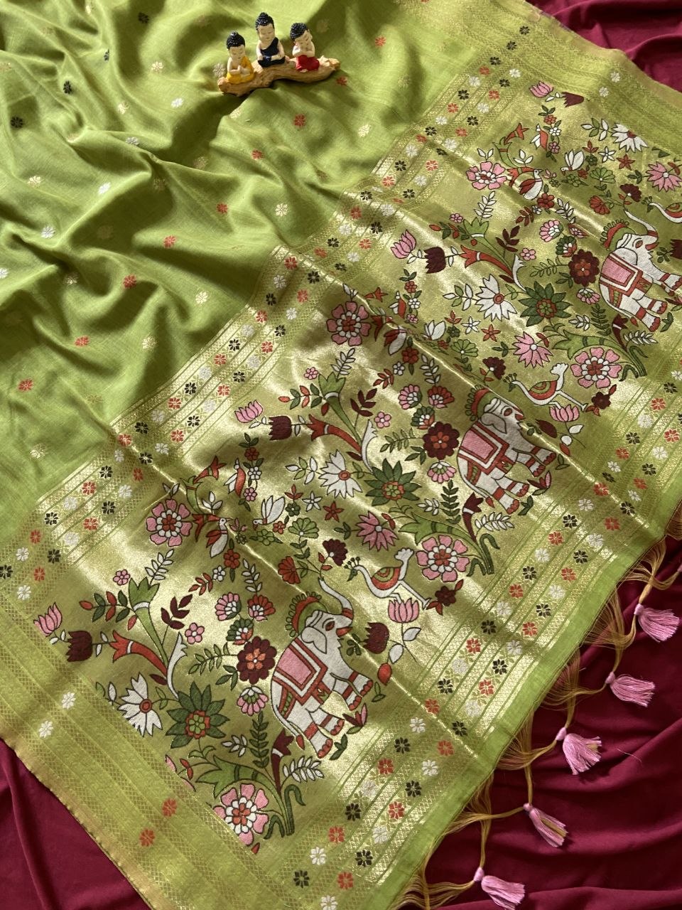 Parrot Green Muga Cotton Paithani Elephant Pallu Saree