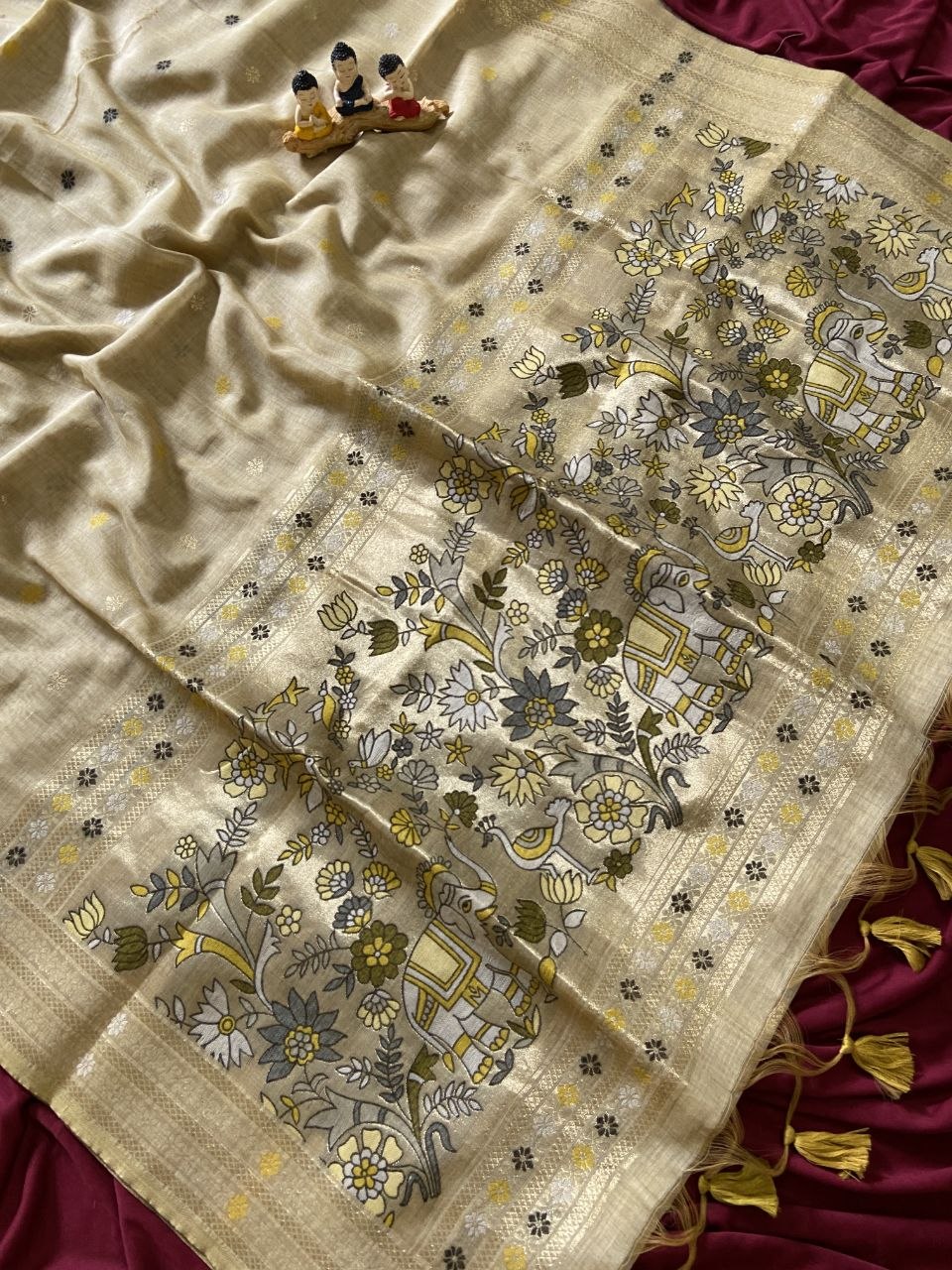 Beige Muga Cotton Paithani Elephant Pallu Saree, view 2