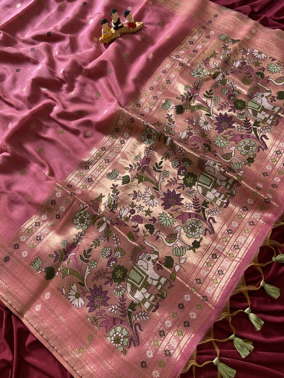 Rose Pink Muga Cotton Paithani Elephant Pallu Saree, view 2