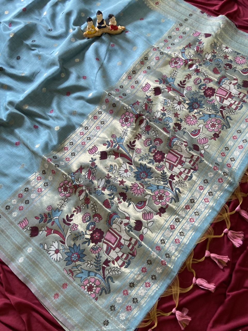 Sky Blue Muga Cotton Paithani Elephant Pallu Saree, view 2