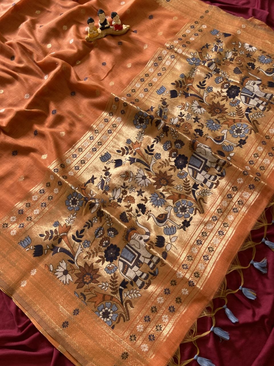 Orange Muga Cotton Paithani Elephant Pallu Saree, view 2