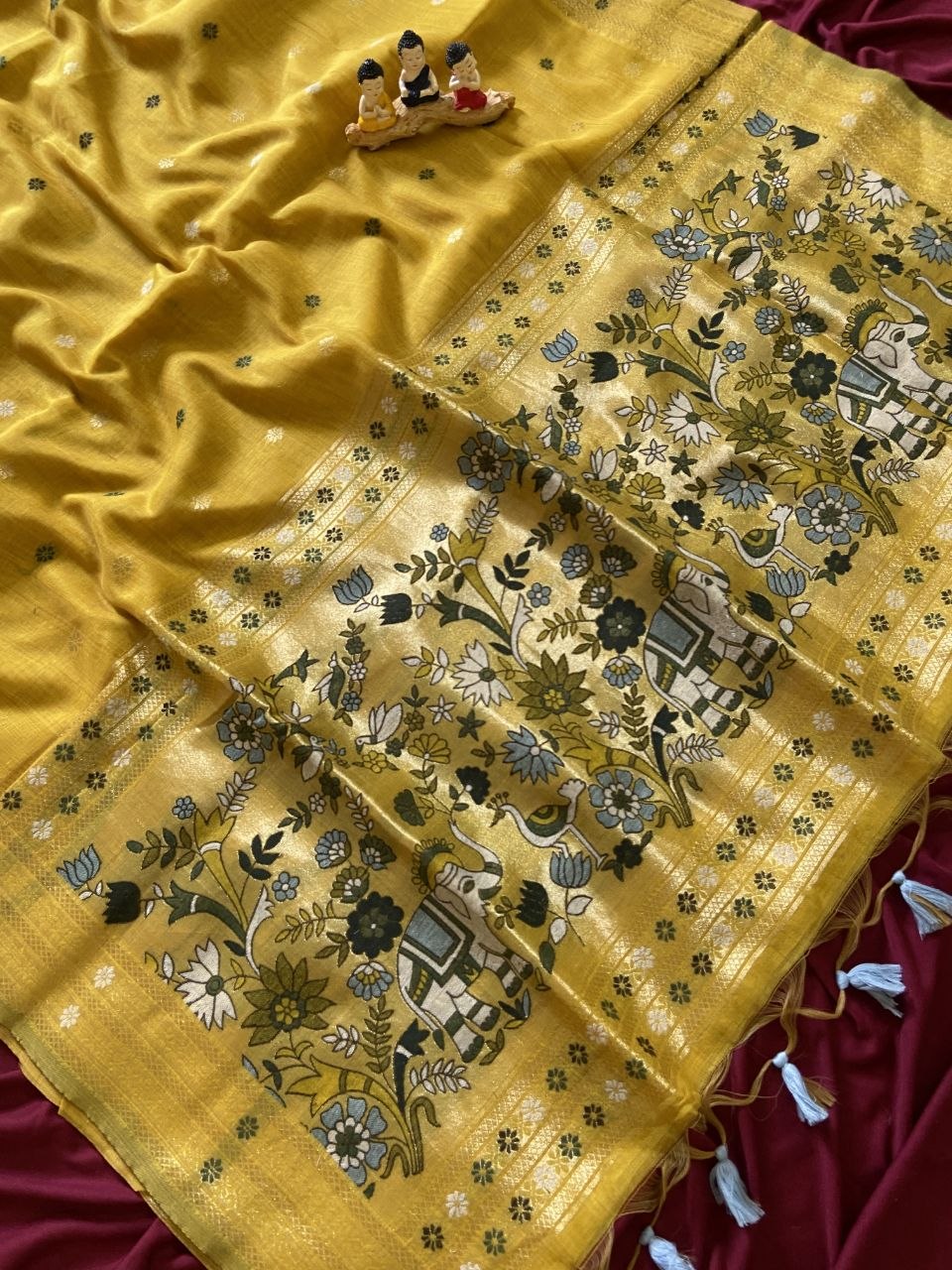 Mustard Muga Cotton Paithani Elephant Pallu Saree
