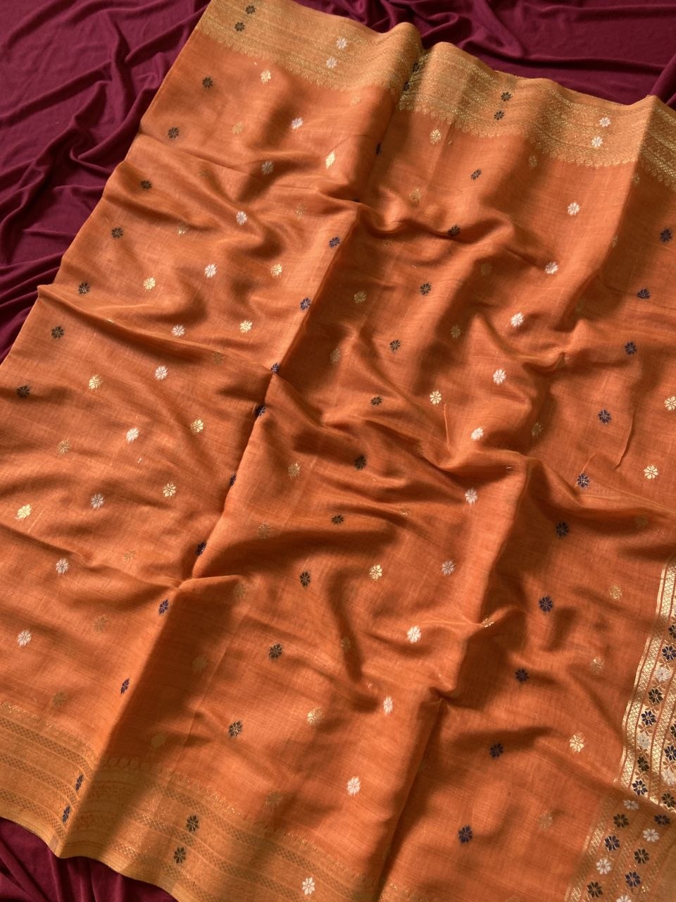 Orange Muga Cotton Paithani Elephant Pallu Saree, view 3