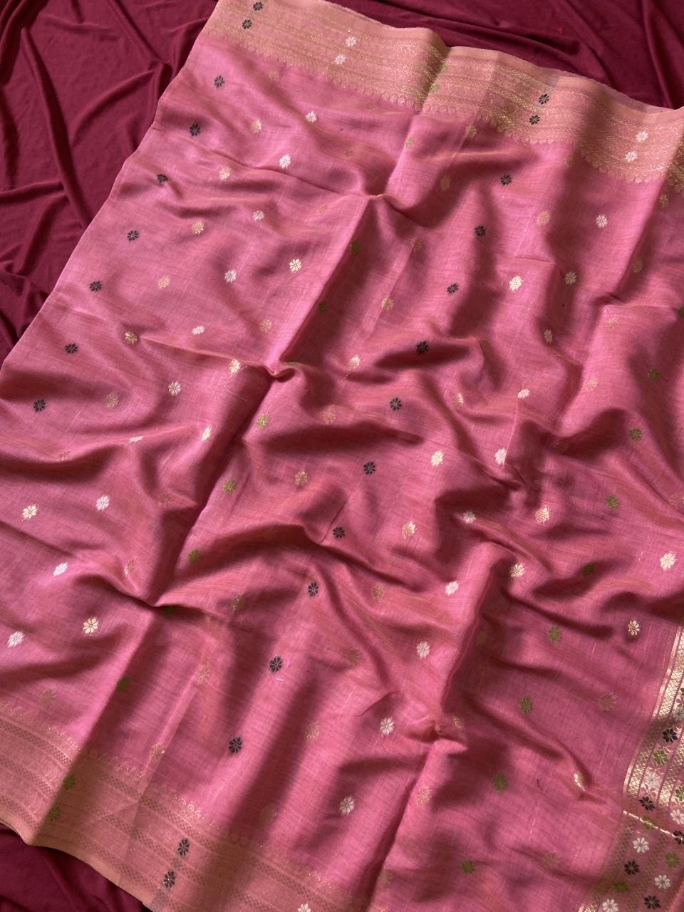 Rose Pink Muga Cotton Paithani Elephant Pallu Saree, view 3
