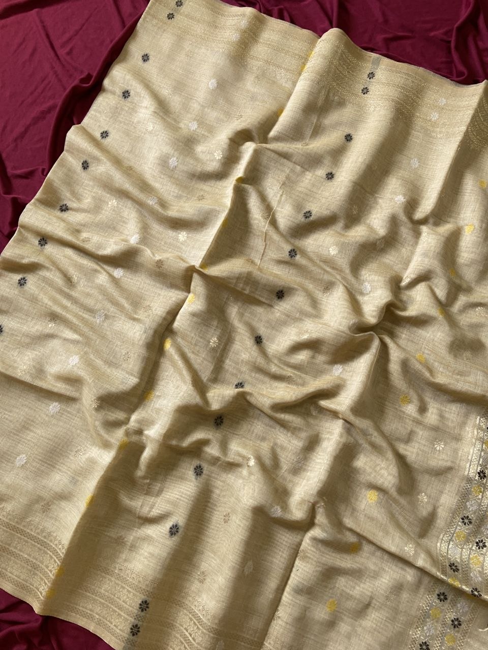 Beige Muga Cotton Paithani Elephant Pallu Saree, view 3