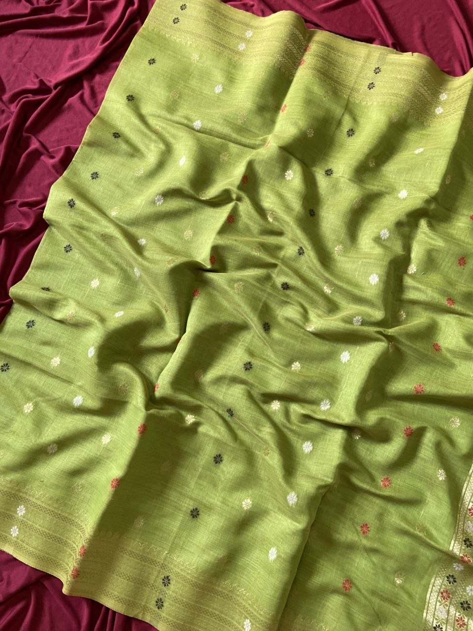 Parrot Green Muga Cotton Paithani Elephant Pallu Saree, view 3
