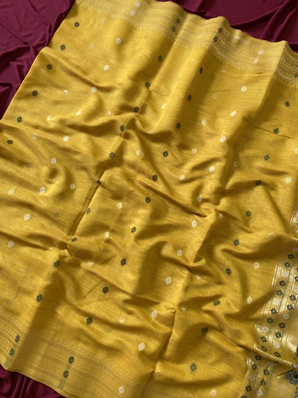 Mustard Muga Cotton Paithani Elephant Pallu Saree, view 3