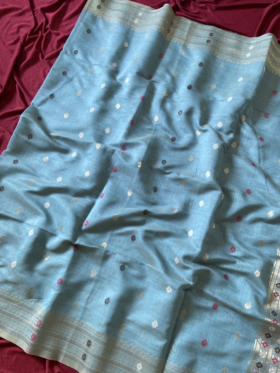 Sky Blue Muga Cotton Paithani Elephant Pallu Saree, view 3