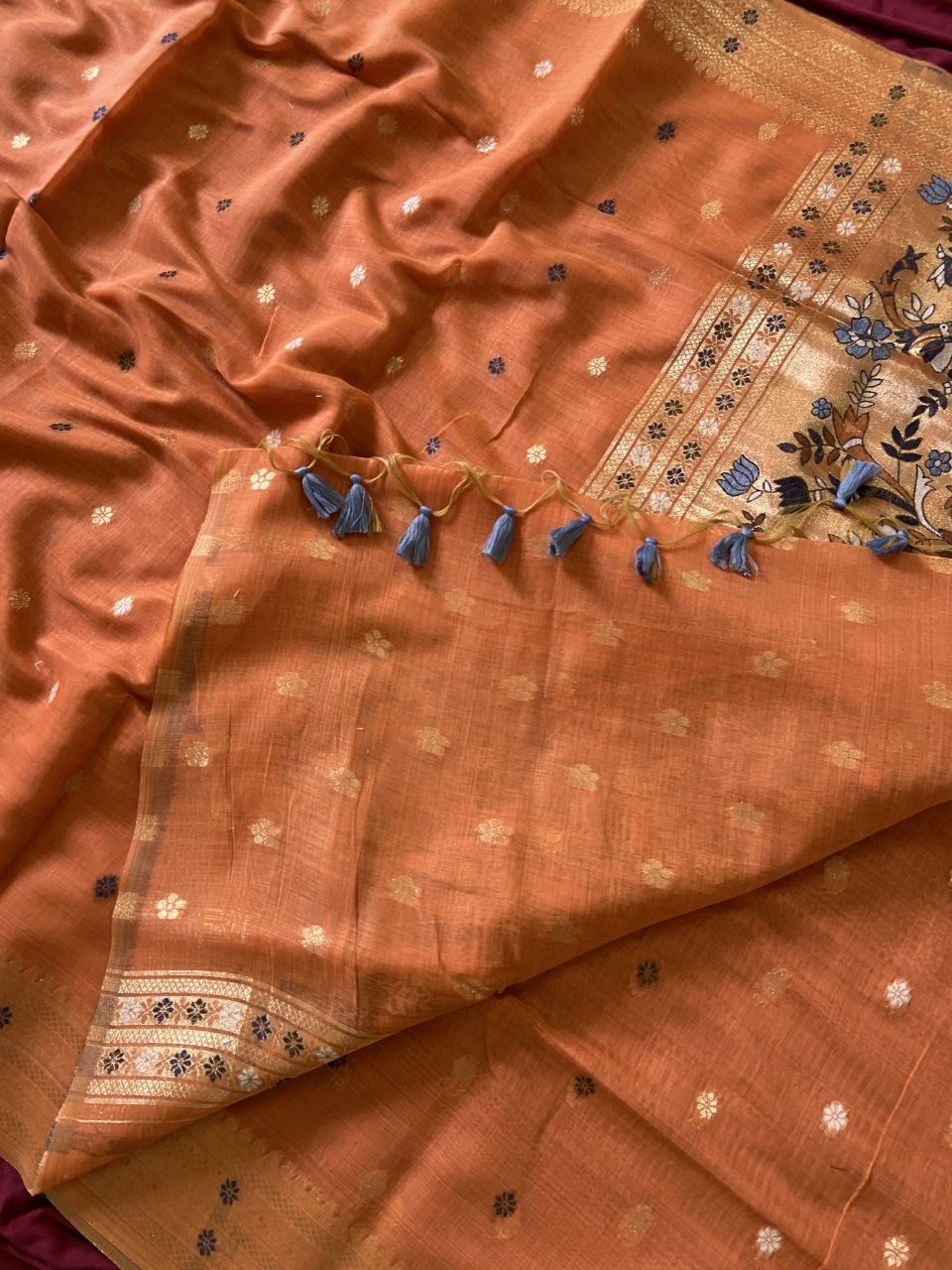 Orange Muga Cotton Paithani Elephant Pallu Saree, view 4