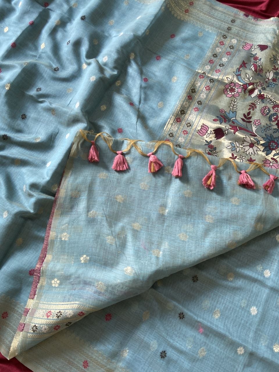 Sky Blue Muga Cotton Paithani Elephant Pallu Saree, view 4