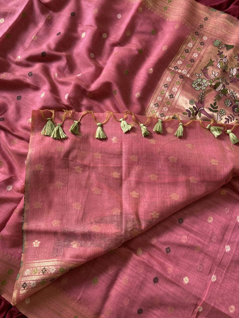 Rose Pink Muga Cotton Paithani Elephant Pallu Saree, view 4