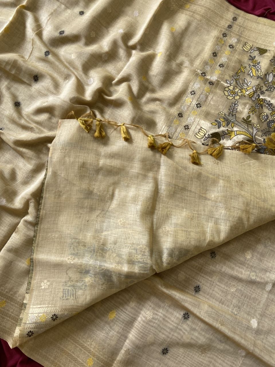 Beige Muga Cotton Paithani Elephant Pallu Saree, view 4