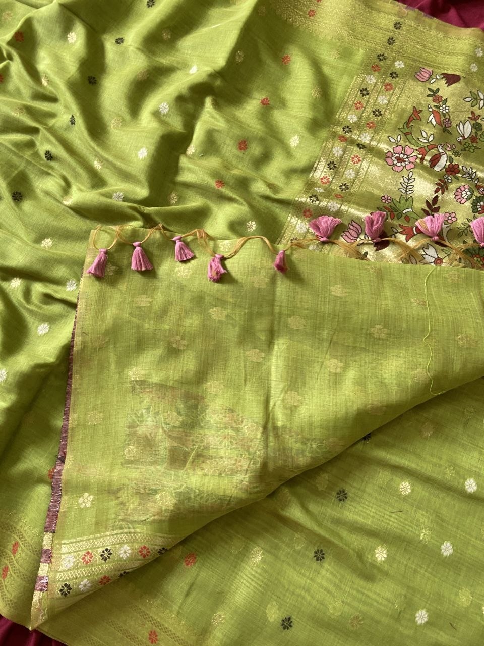 Parrot Green Muga Cotton Paithani Elephant Pallu Saree, view 4