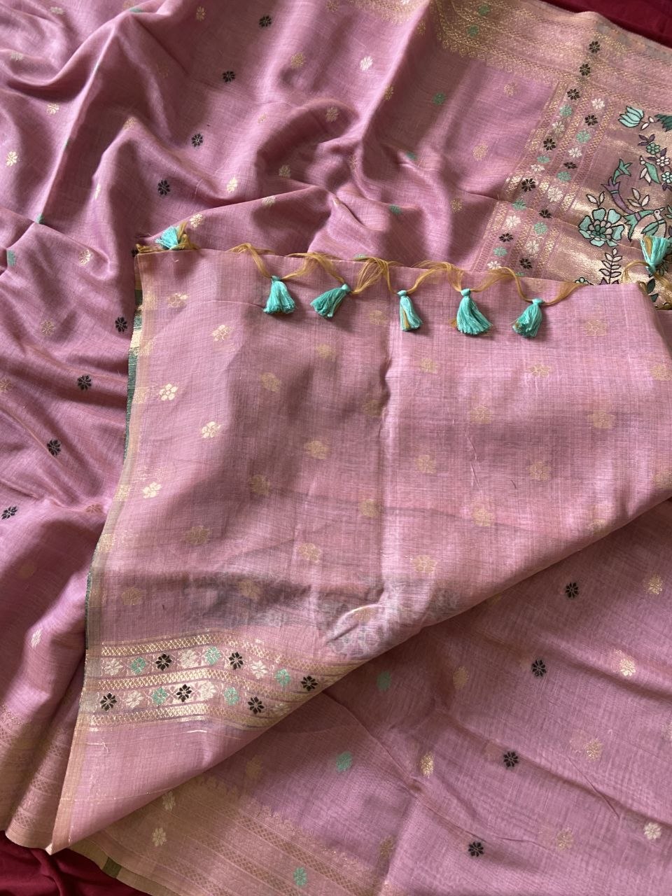 Lilac Pink Muga Cotton Paithani Elephant Pallu Saree, view 4