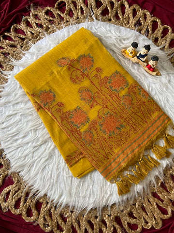 Mustard Muga Cotton Floral Woven Saree