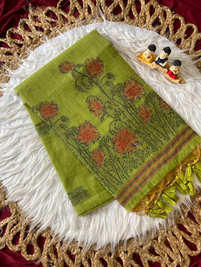 Parrot Green Muga Cotton Floral Woven Saree