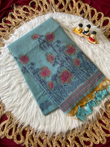 Sky Blue Muga Cotton Floral Woven Saree