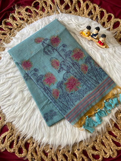 Sky Blue Muga Cotton Floral Woven Saree