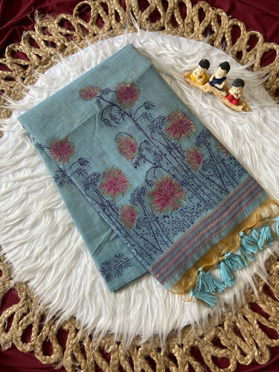 Sky Blue Muga Cotton Floral Woven Saree