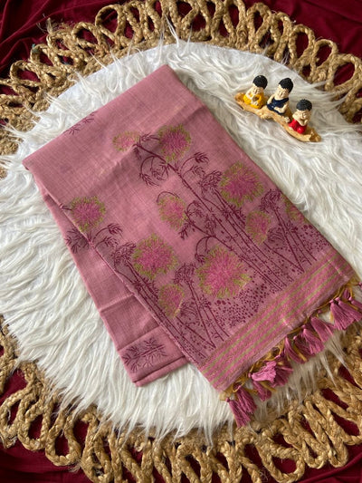 Pink Muga Cotton Floral Woven Saree
