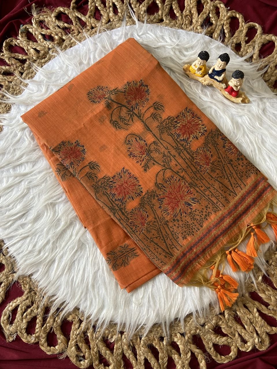 Orange Muga Cotton Floral Woven Saree