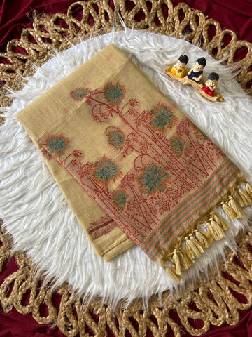Beige Muga Cotton Floral Woven Saree