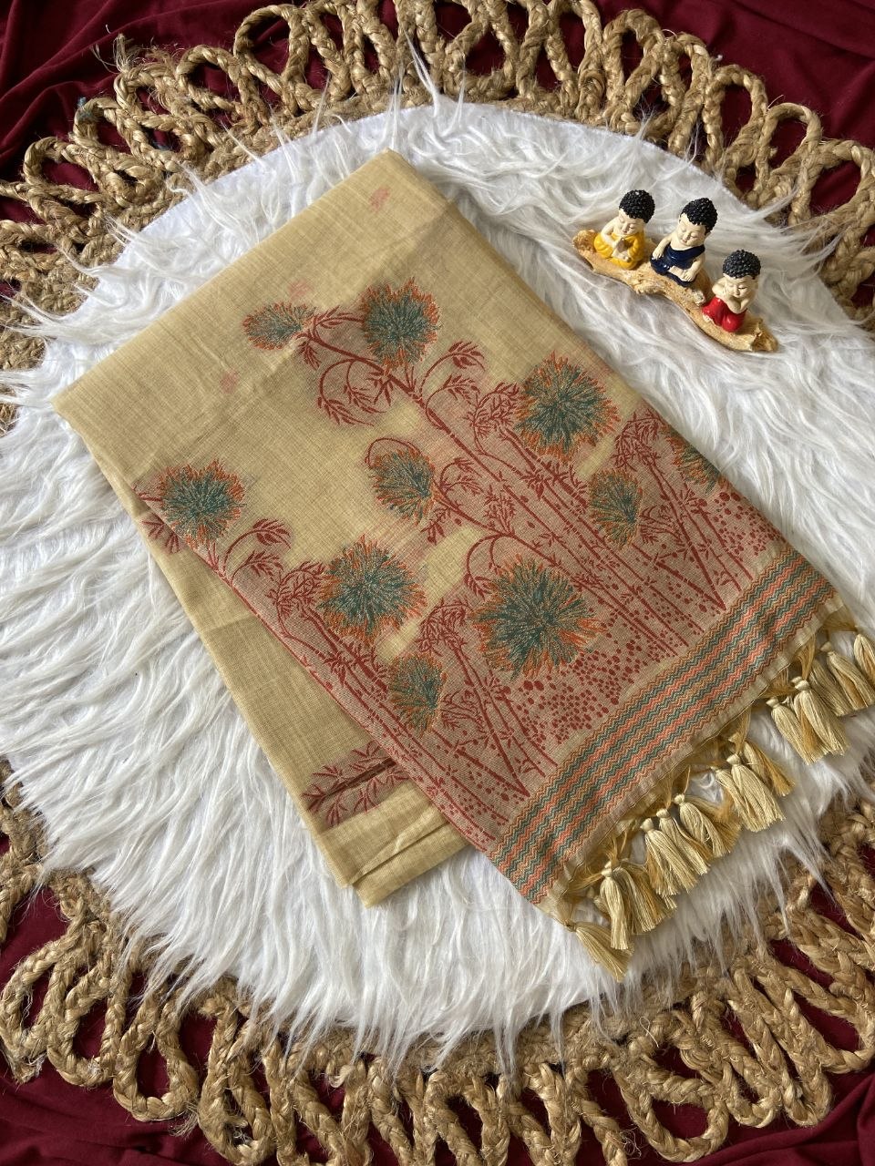 Beige Muga Cotton Floral Woven Saree