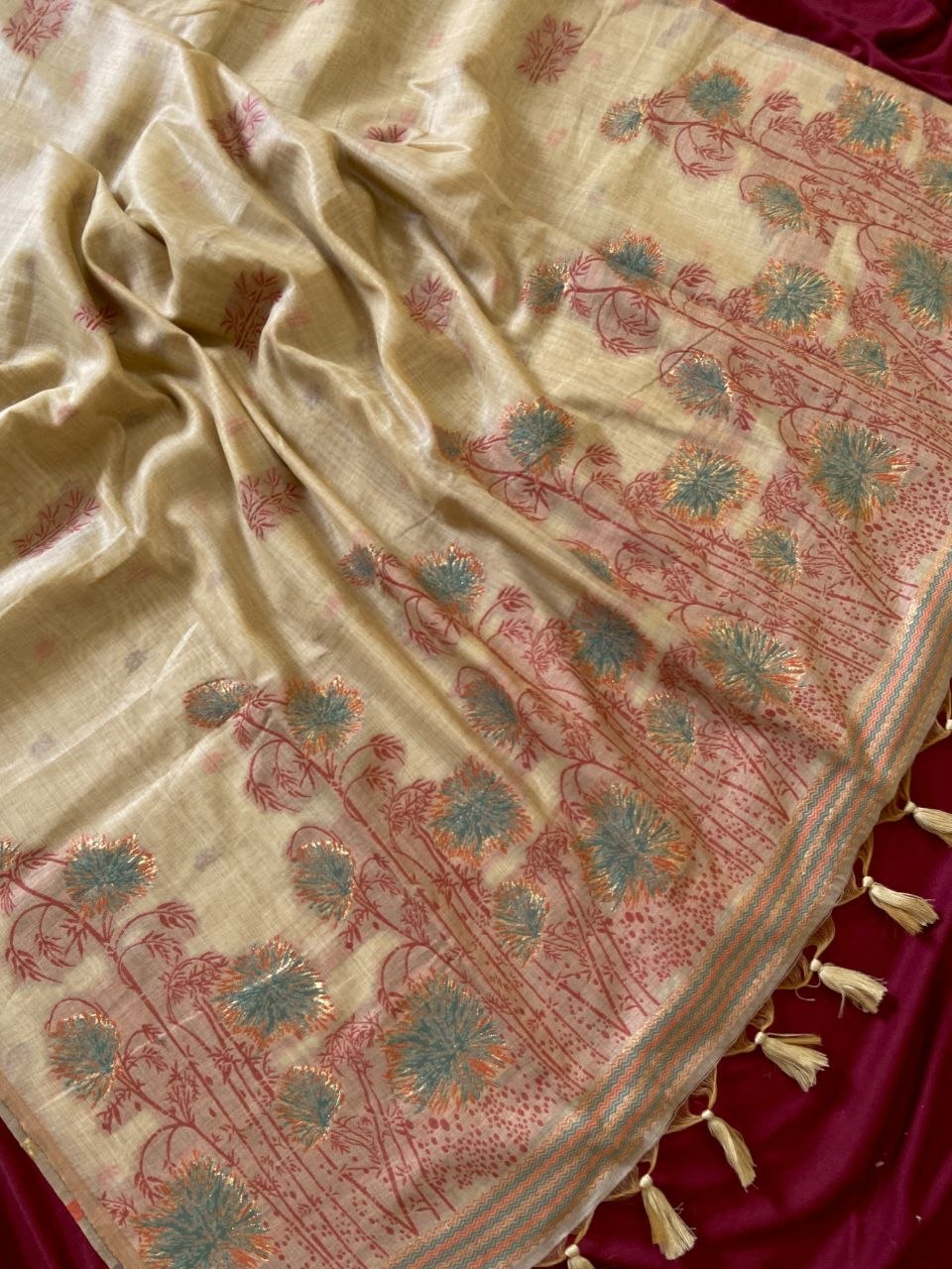 Beige Muga Cotton Floral Woven Saree, view 2
