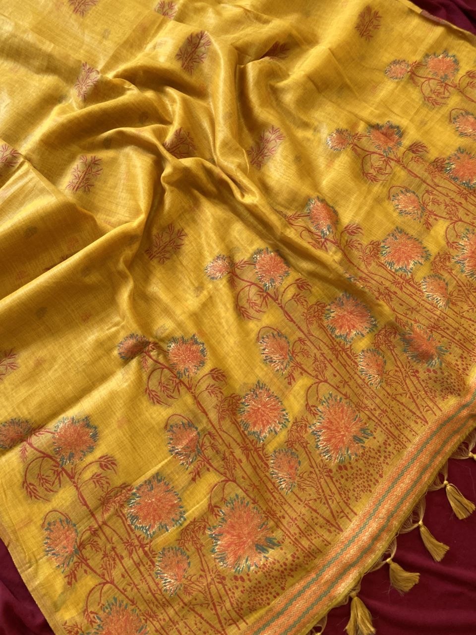 Mustard Muga Cotton Floral Woven Saree, view 2