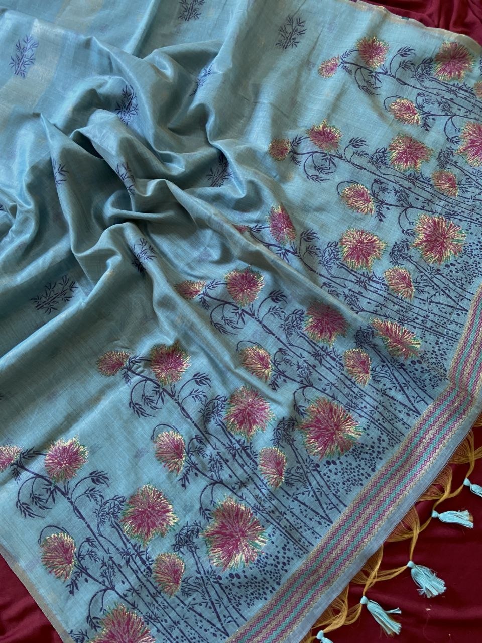 Sky Blue Muga Cotton Floral Woven Saree, view 2