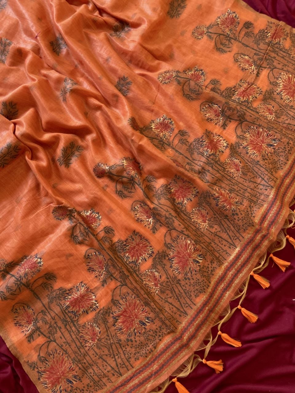Orange Muga Cotton Floral Woven Saree, view 2