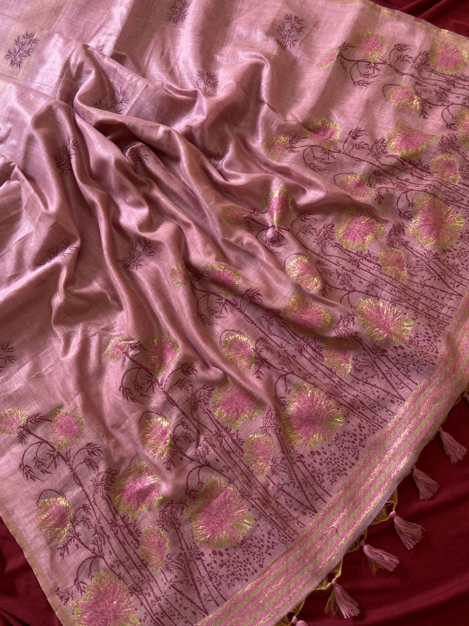 Pink Muga Cotton Floral Woven Saree