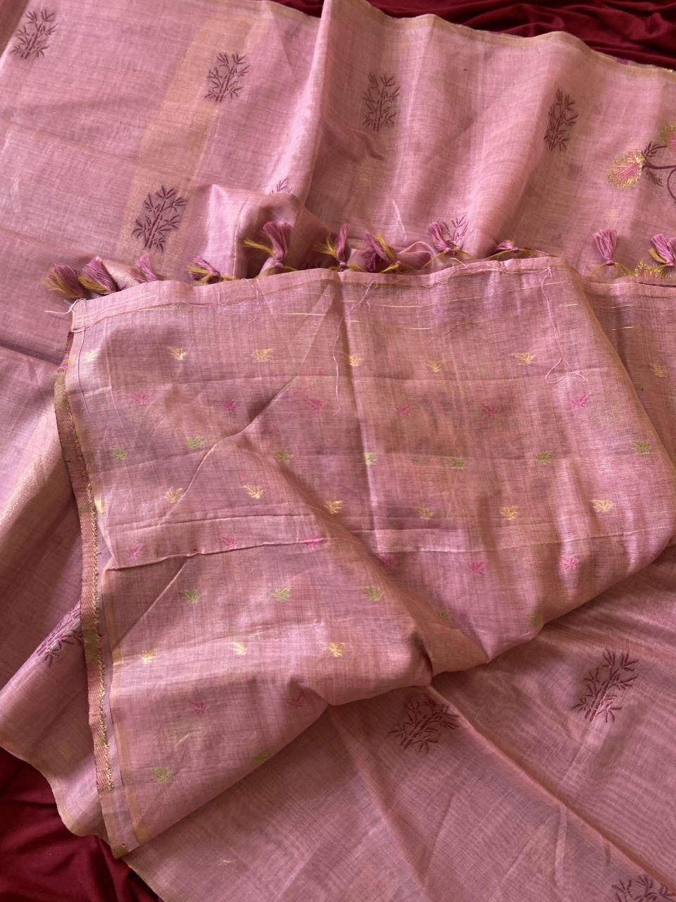 Pink Muga Cotton Floral Woven Saree, view 3
