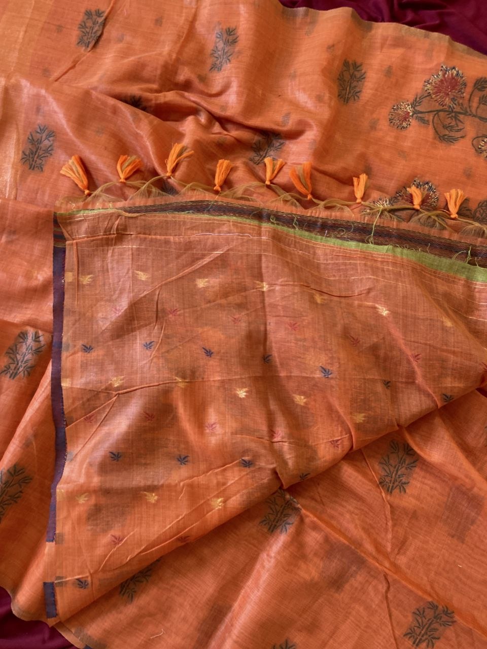 Orange Muga Cotton Floral Woven Saree, view 3