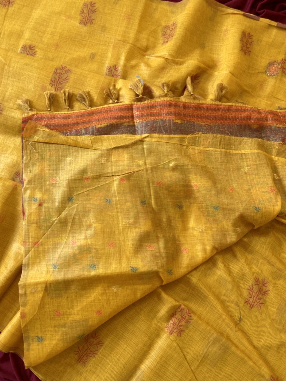 Mustard Muga Cotton Floral Woven Saree, view 3