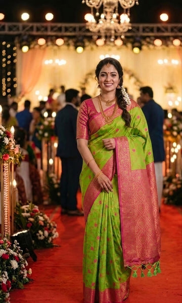 Parrot Green Paithani Silk Zari Woven Saree