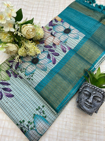 Teal Tussar Silk Floral Checks Saree
