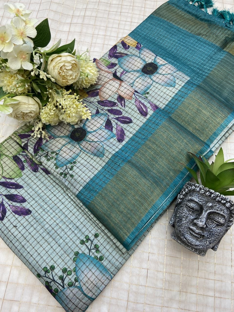 Teal Tussar Silk Floral Checks Saree