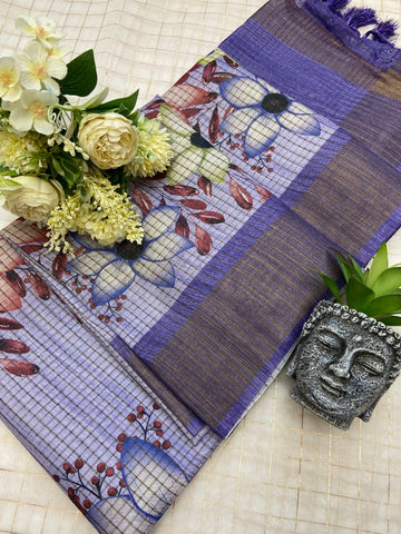 Lavender Blue Tussar Silk Floral Checks Saree
