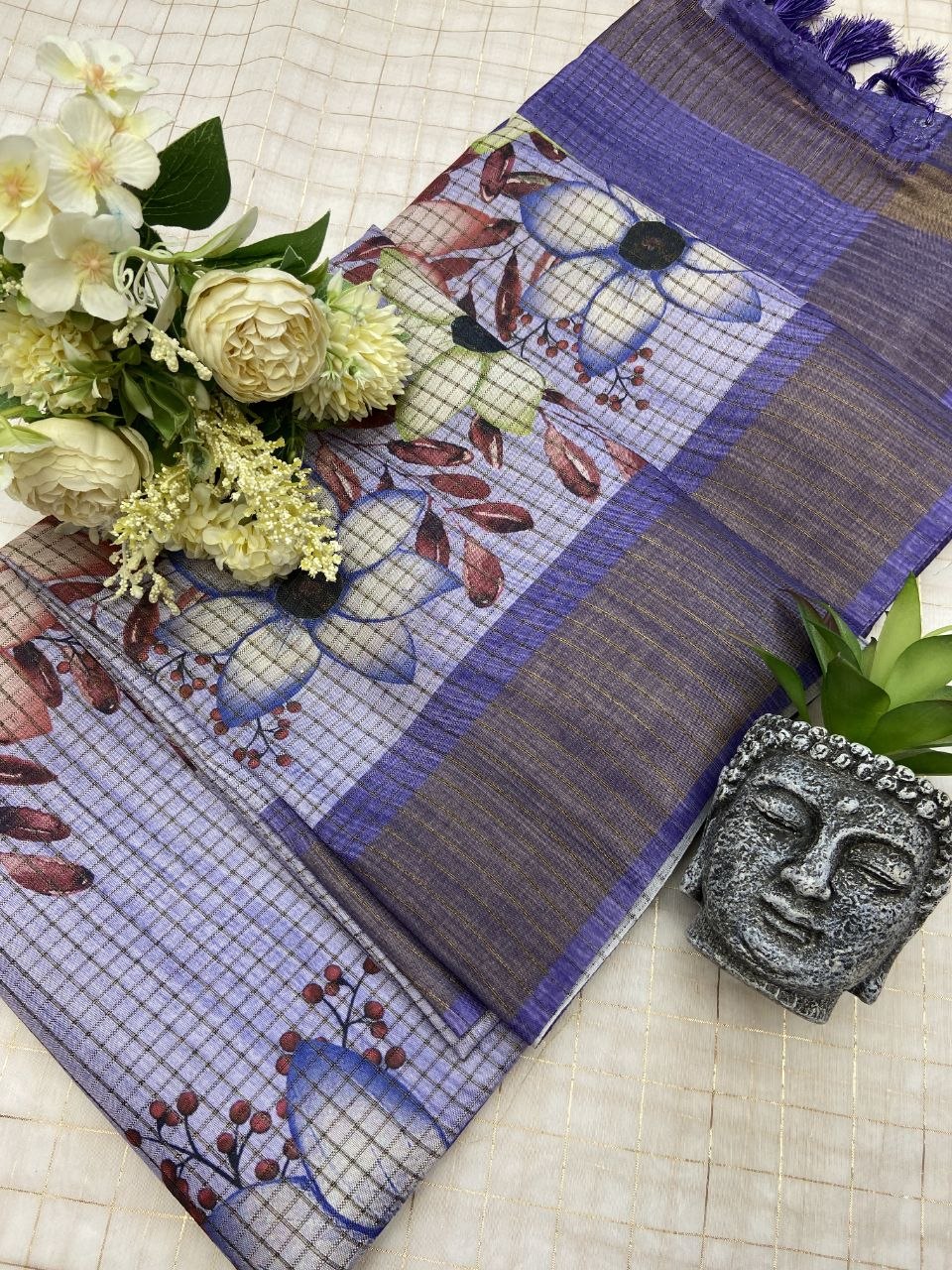 Lavender Blue Tussar Silk Floral Checks Saree