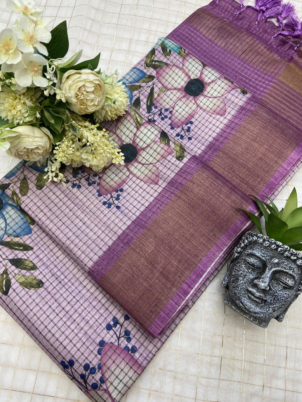 Mauve Tussar Silk Floral Checks Saree