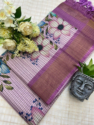 Mauve Tussar Silk Floral Checks Saree