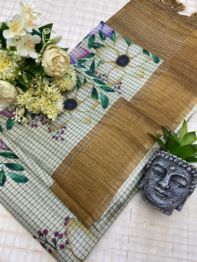 Mustard Brown Tussar Silk Floral Checks Saree