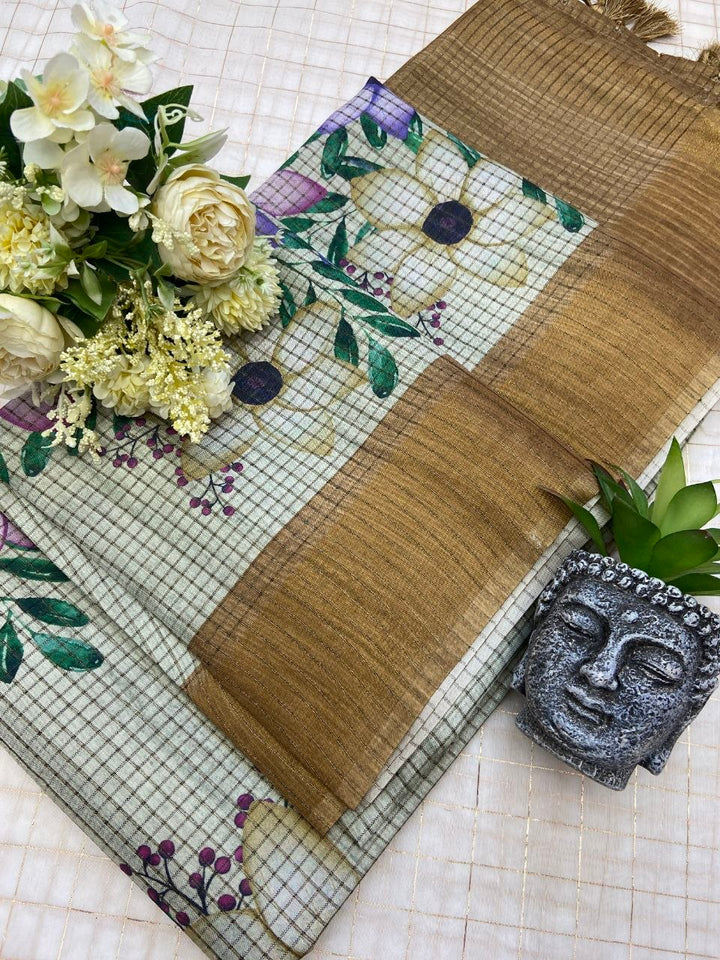 Mustard Brown Tussar Silk Floral Checks Saree