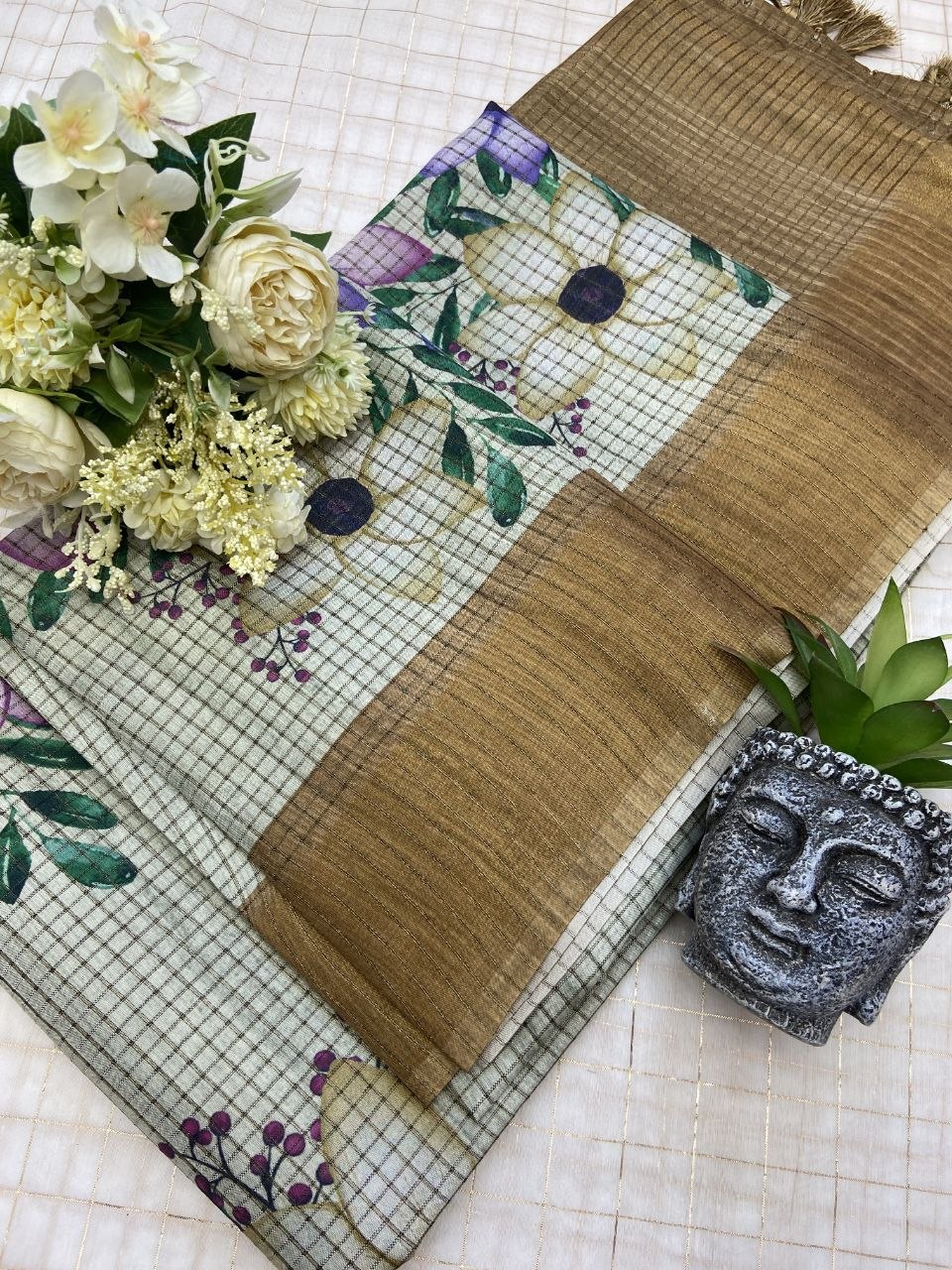 Mustard Brown Tussar Silk Floral Checks Saree