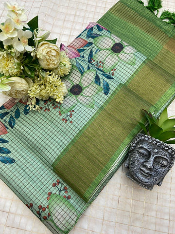 Pista Green Tussar Silk Floral Checks Saree