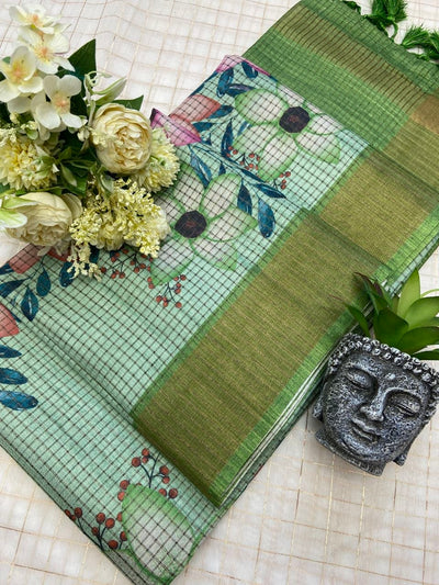 Pista Green Tussar Silk Floral Checks Saree